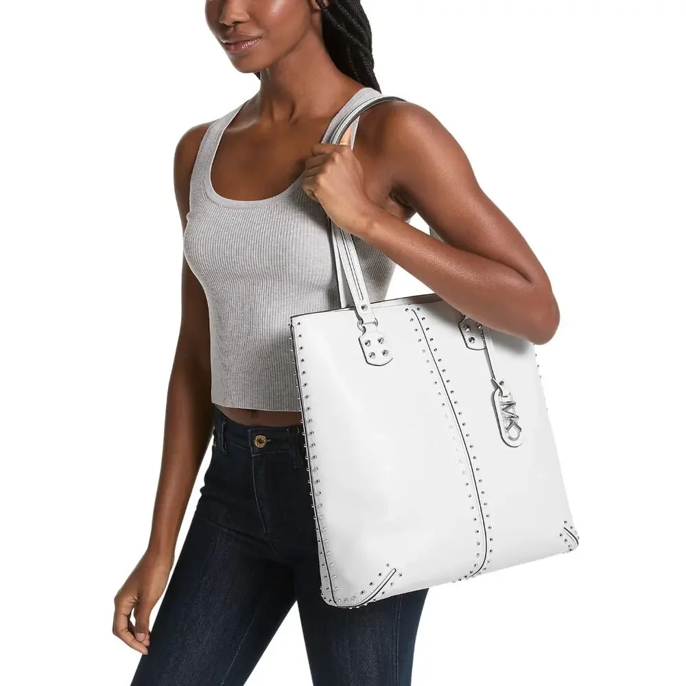 Michael Kors Astor Large Studded Leather N/S Tote Bag Handbag Optic White $498 - Picture 3 of 3